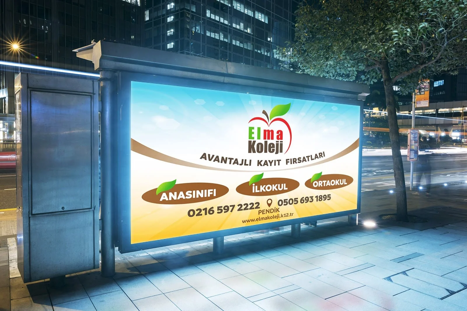 Açık hava ve baskı materyalleri tasarımı hizmeti için afiş, broşür ve tabela uygulamalarını gösteren görsel