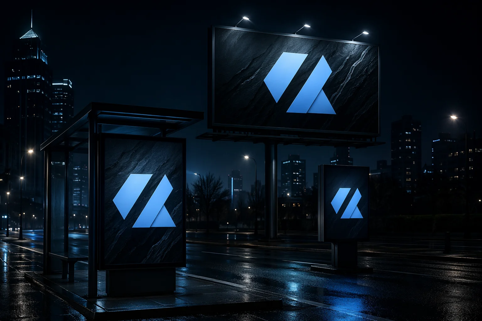 Açık hava ve baskı materyalleri tasarımı için modern marka görünürlüğü ve güçlü dış mekân sunumu görseli