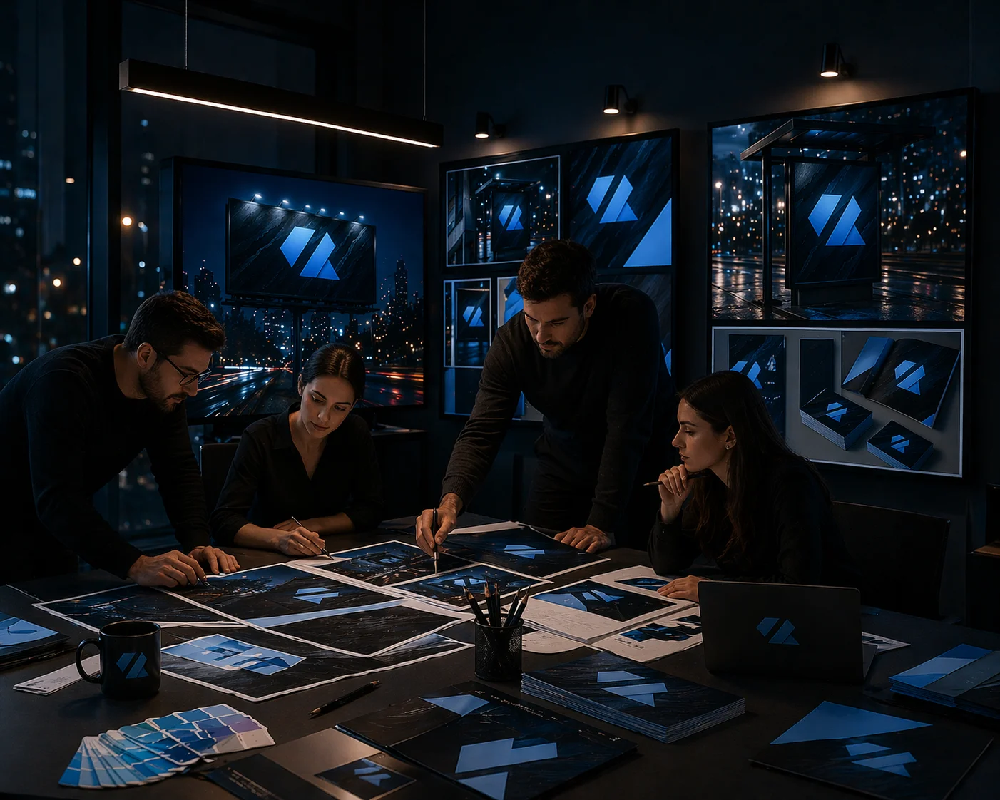 Açık hava ve baskı materyalleri üzerinde çalışan tasarım ekibi ve marka görünürlüğü geliştirme görseli