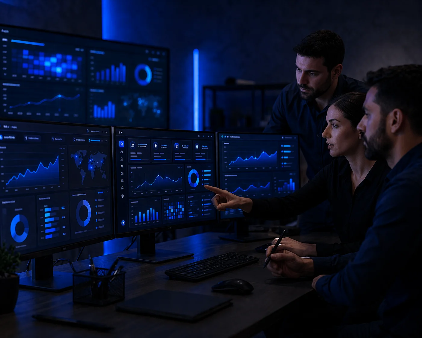 Dijital performans analizi ve raporlama üzerinde çalışan ekip ve dashboard ekranları görseli