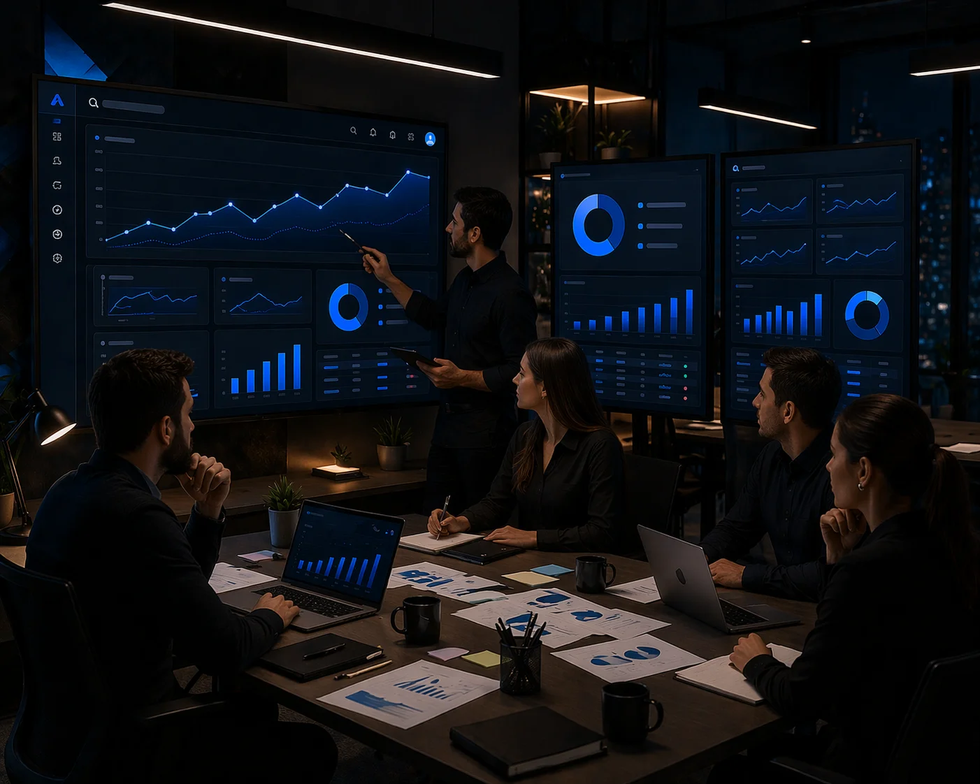 Google reklam yönetimi üzerinde çalışan performans ekibi ve kampanya analizi görseli