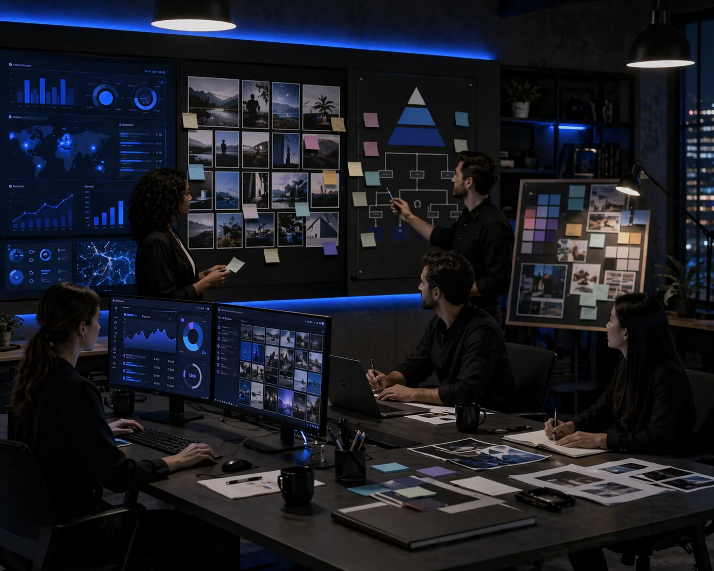 İçerik pazarlaması ve marka stratejisi üzerinde çalışan ekip ve planlama görseli