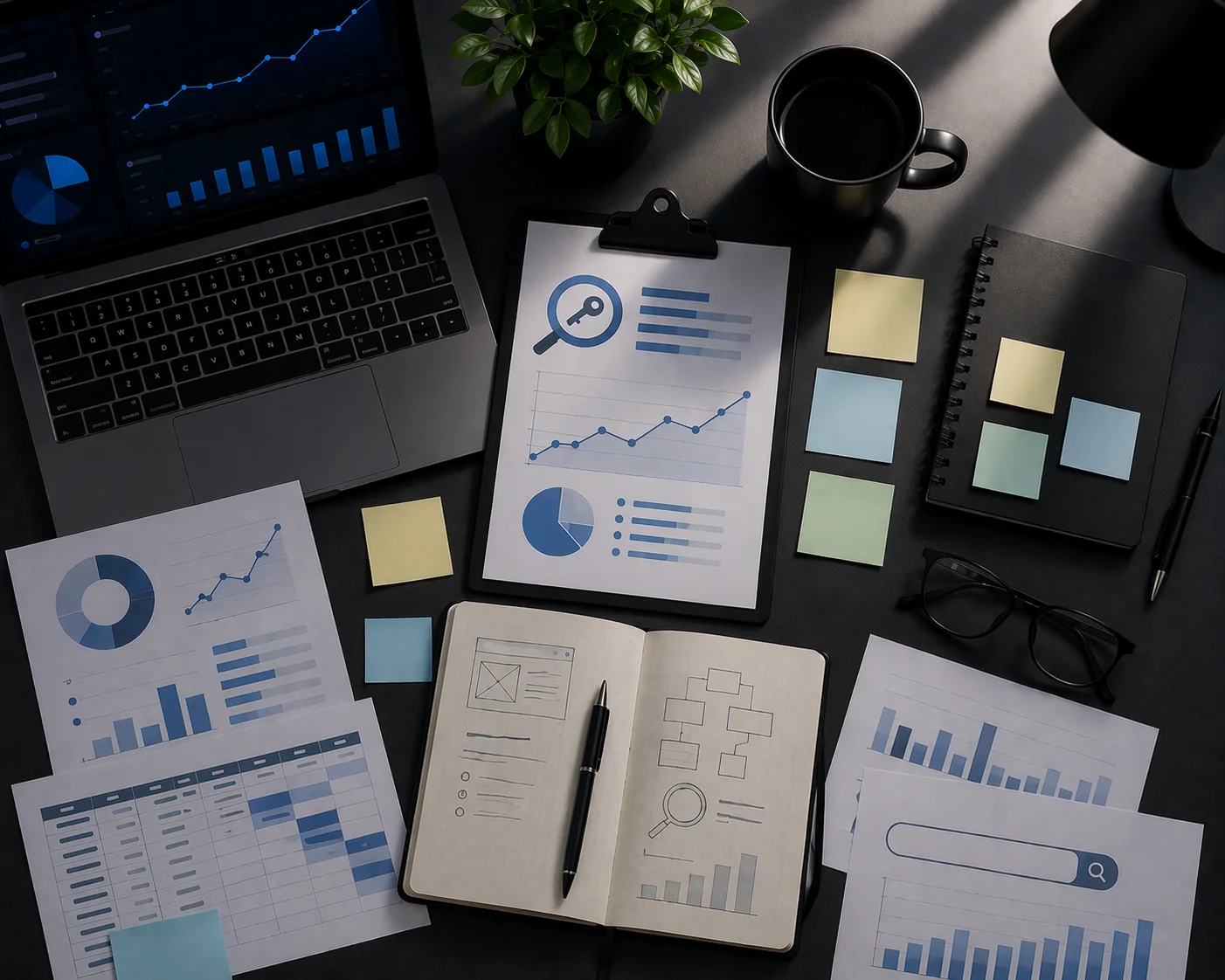 SEO analizi, anahtar kelime araştırması, arama niyeti ve planlama görseli