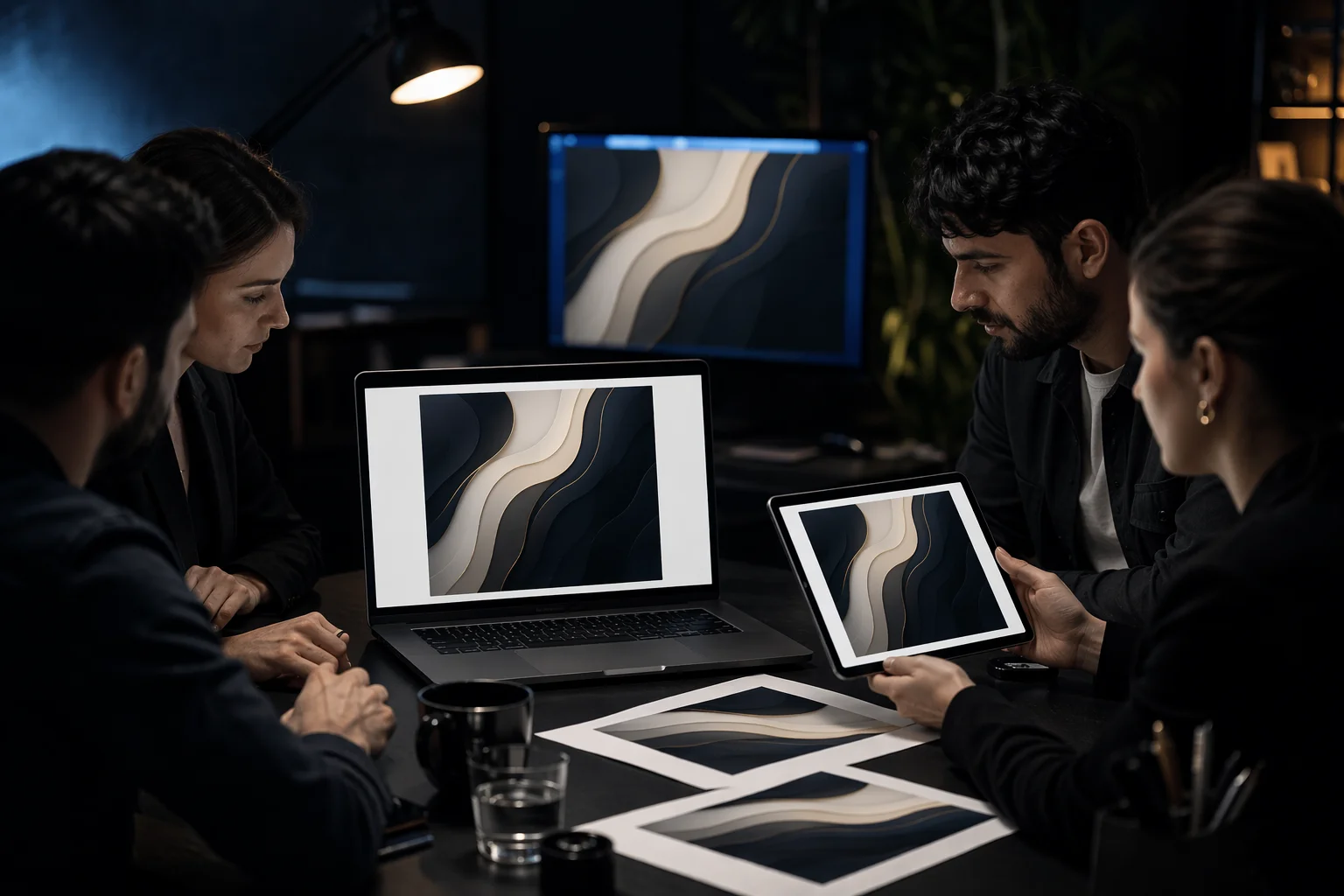 Sosyal medya içerik tasarımı üzerinde çalışan ekip ve dijital paylaşım geliştirme görseli