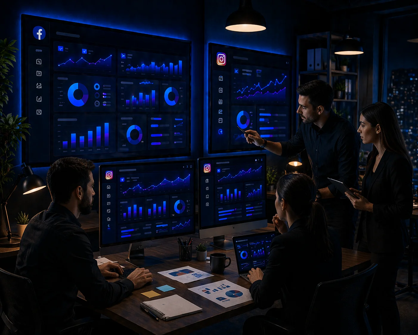 Sosyal medya reklam yönetimi üzerinde çalışan performans ekibi ve kampanya analizi görseli