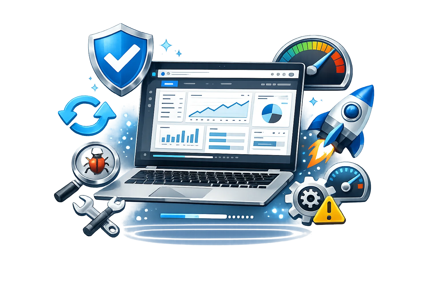 Web sitesi bakım ve teknik destek hizmeti için modern dijital panel görseli